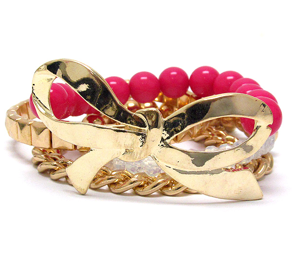 Metal ribbon and ball bead stretch bracelet set of 4