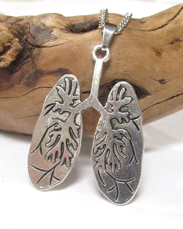 Antique silver anatomy lung pendant necklace