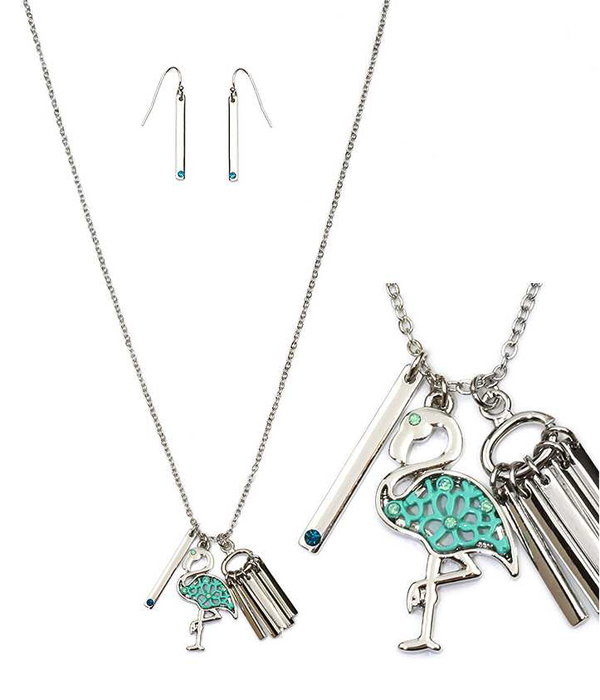 Crystal and metal filigree flamingo and metal bar necklace set