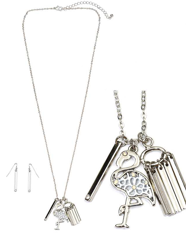 Crystal and metal filigree flamingo and metal bar necklace set