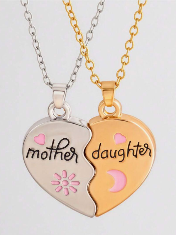 Mother and daughter heart pendant double necklace