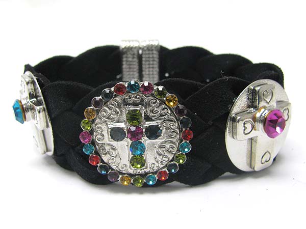 CRYSTAL DECO CROSS DISK FABRIC MAGNETIC CLASP BRACELET 