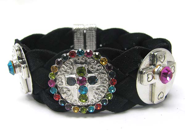 Crystal deco cross disk fabric magnetic clasp bracelet 