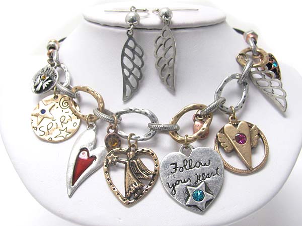 Crystal stud tri tone metal charm dangle necklace earring set