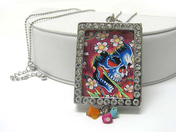 Crystal tatto theme picture frame pendant long necklace