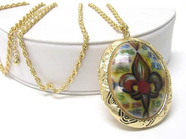 Fleur de lis formica stone oval locket long chain necklace