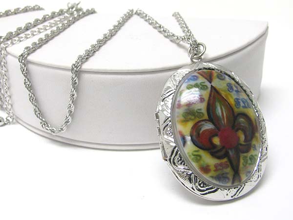 Fleur de lis formica stone oval locket long chain necklace