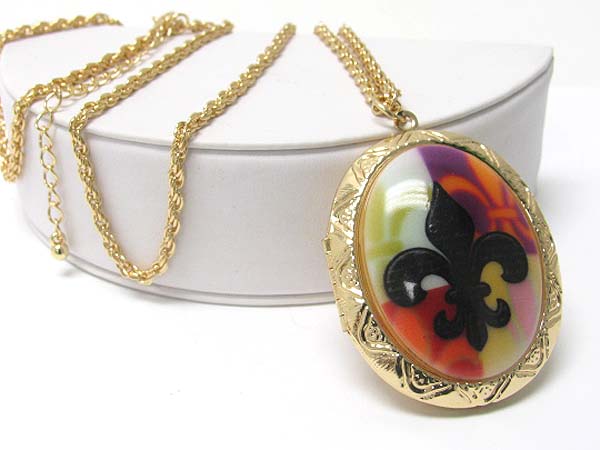 Fleur de lis formica stone oval locket long chain necklace