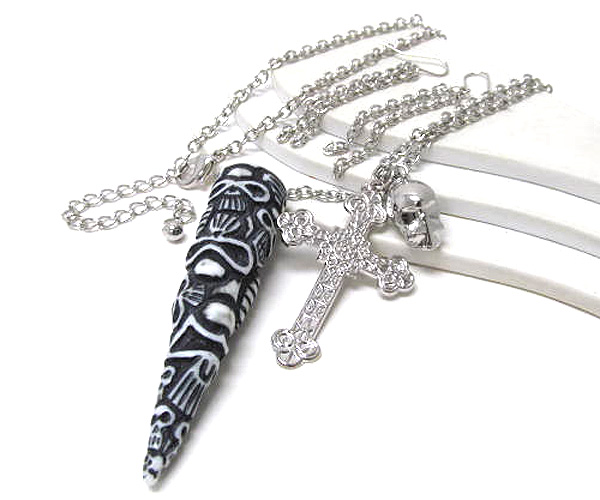 Large carving horn with dangle skull and cross long chain necklace earring set