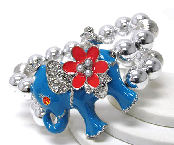 CRYSTAL FASHION COLORFUL ELEPHANT AND MULTI METAL BALLS STRETCH BRACELET