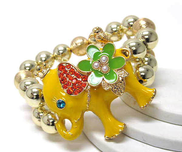 CRYSTAL FASHION COLORFUL ELEPHANT AND MULTI METAL BALLS STRETCH BRACELET