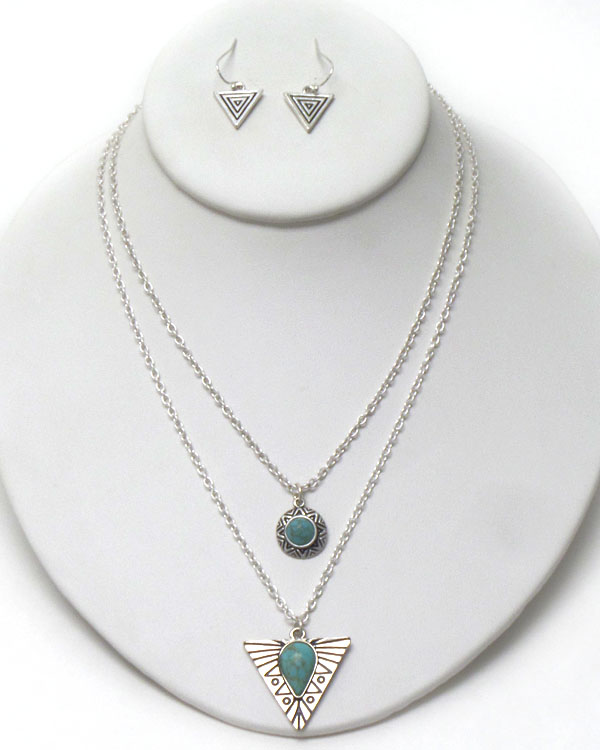 Turquoise center chevron pendant double layer necklace earring set