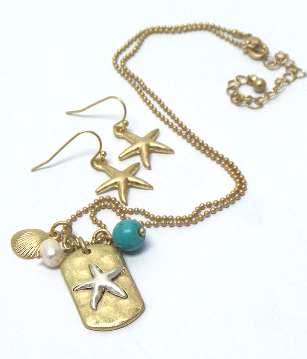 Starfish and shell charm pendant necklace earring set