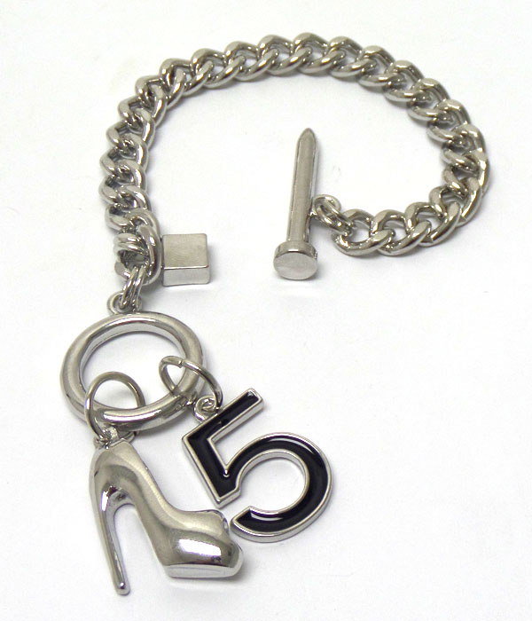 Shoe and number 5 charm chain toggle bracelet