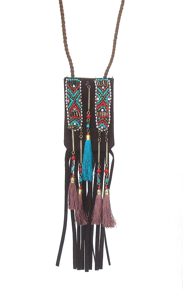 Multi seed bead and leather pocket pendant long necklace