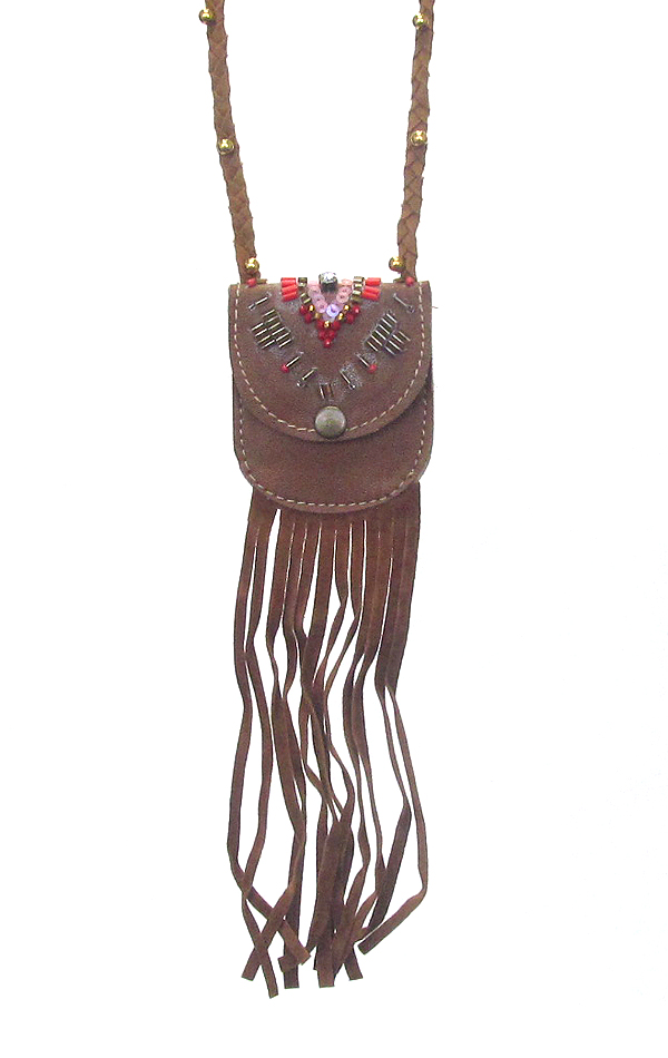 MULTI SEED BEAD AND LEATHER POCKET PENDANT LONG NECKLACE