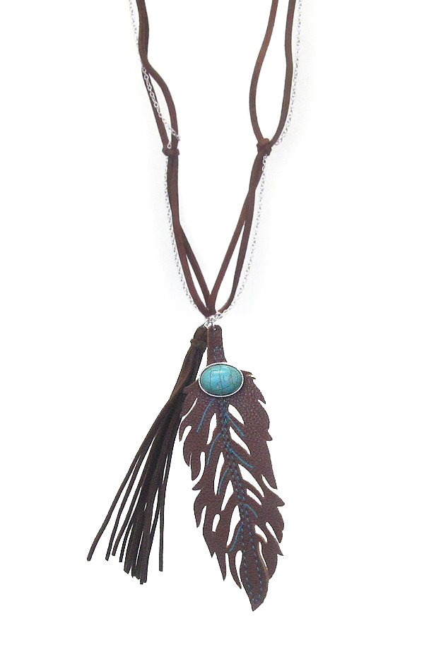 LEATHER LEAF AND TASSEL LONG NECKLACE