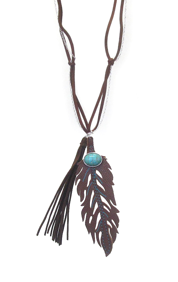 Leather leaf and tassel long necklace