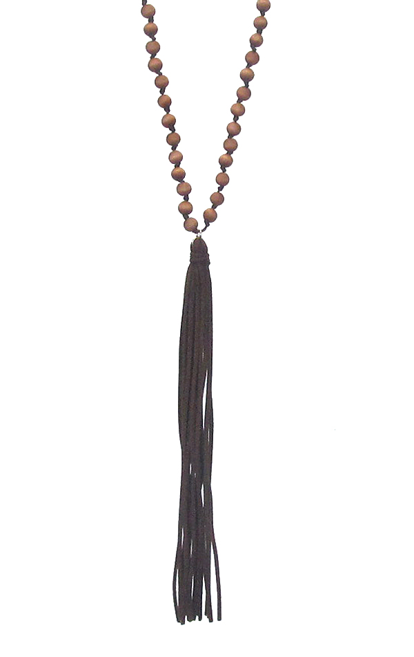 Long leather tassel and wood bead long necklace
