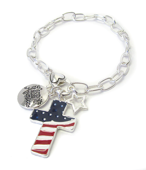 PATRIOTIC AMERICAN FLAG CROSS CHARM BRACELET
