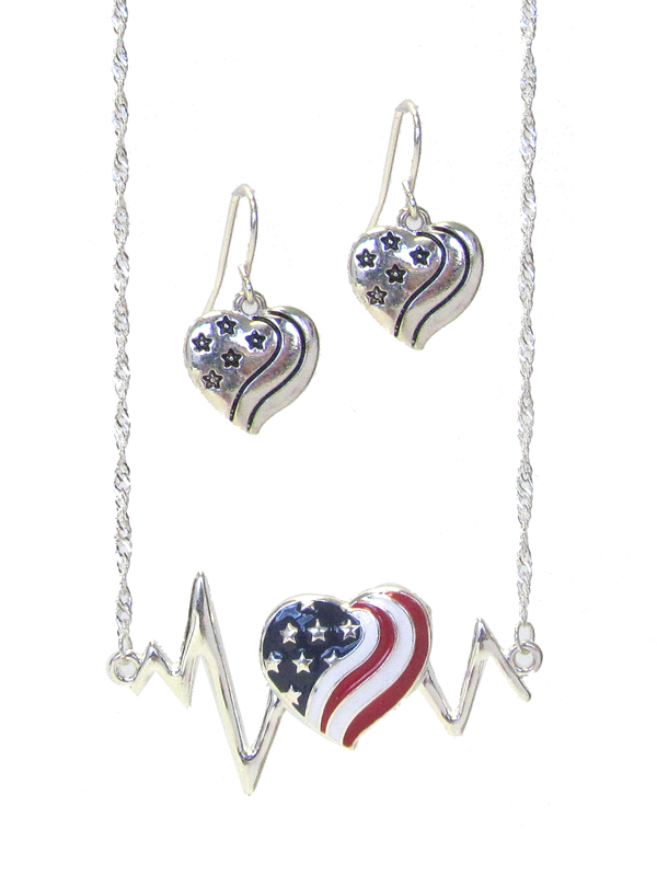 Patriotic american flag heart pendant necklace set