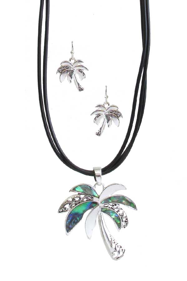 ABALONE PALM TREE PENDANT CORD NECKLACE SET