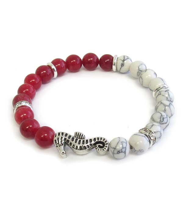 SEALIFE THEME HOWLITE AND GLASS BEAD MIX STRETCH BRACELET - SEAHORSE