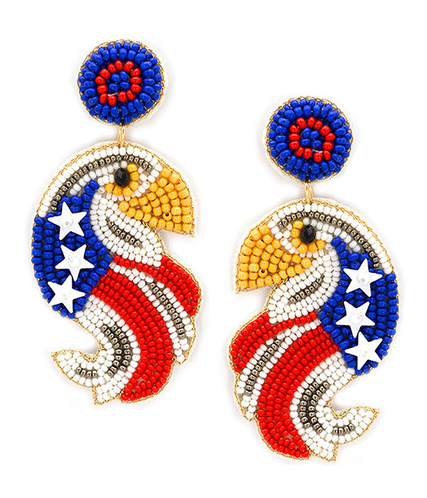 HANDMADE MULTI SEEDBEAD PATRIOTIC THEME EAGLE EARRING - AMERICAN FLAG