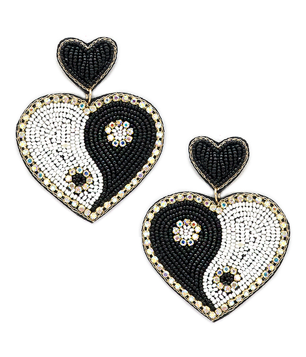 HANDMADE MULTI SEEDBEAD YIN YANG HEART EARRING