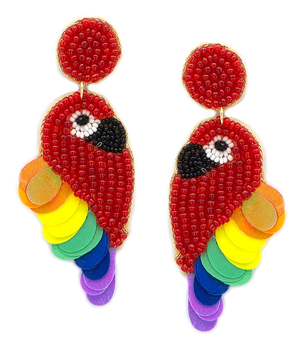 HANDMADE MULTI SEEDBEAD TROPICAL BIRD THEME EARRING - PARROT