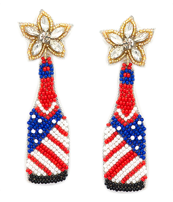 HANDMADE MULTI SEEDBEAD PATRIOTIC THEME CHAMPAIGN BOTTLE EARRING - AMERICAN FLAG