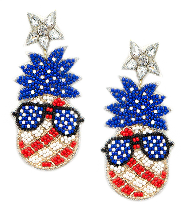 Handmade multi seedbead patriotic theme pineapple earring - american flag