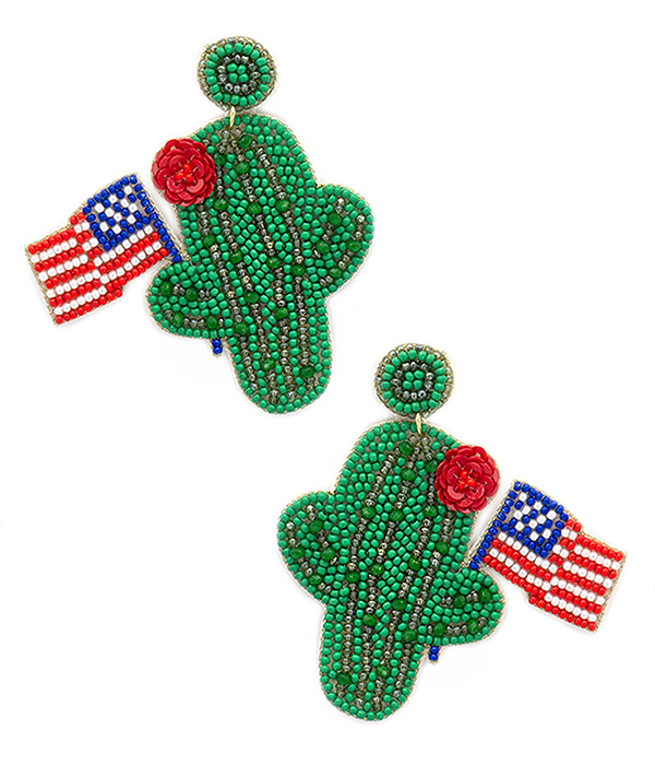 HANDMADE MULTI SEEDBEAD PATRIOTIC THEME CACTUS EARRING - AMERICAN FLAG