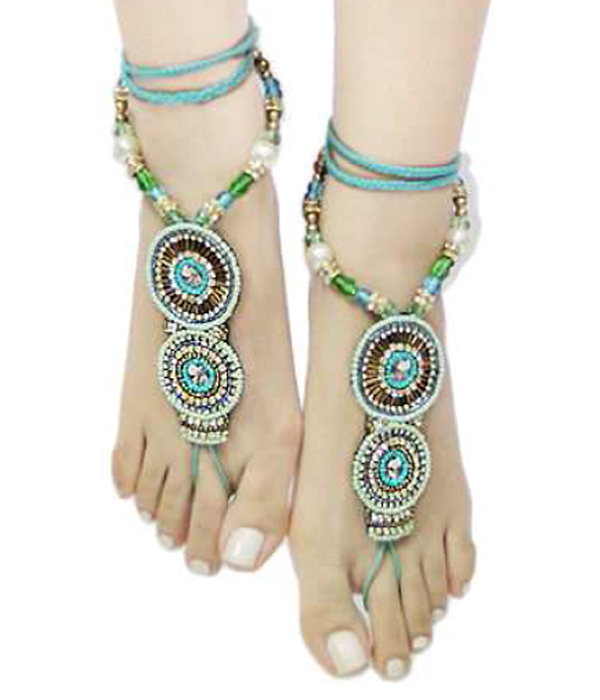 Multi crystal and seed beads barefoot sandal anklet - one pair