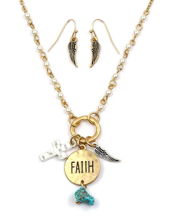 Handmade disk and angel wing pendant necklace set - faith