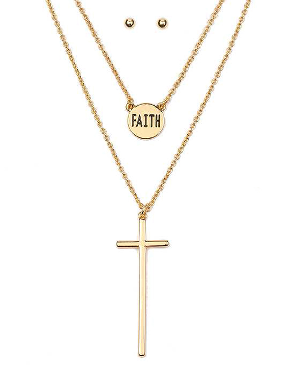 Simple cross and disk double layer necklace set - faith