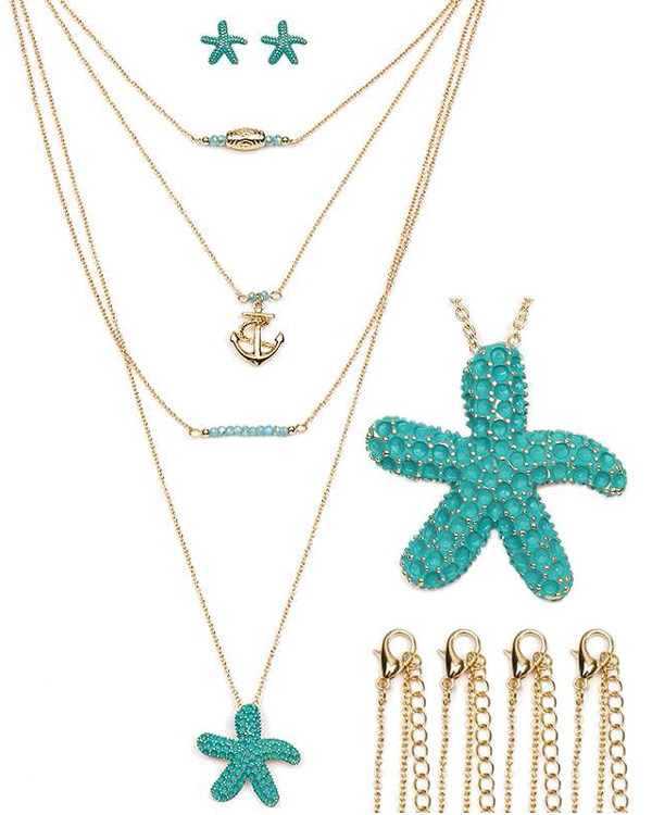 Crystal starfish and anchor necklace set of 4