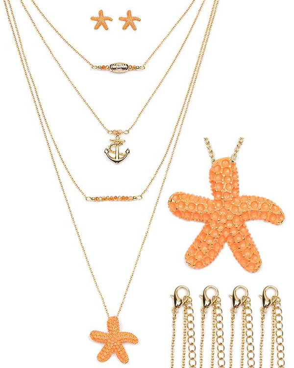 Crystal starfish and anchor necklace set of 4