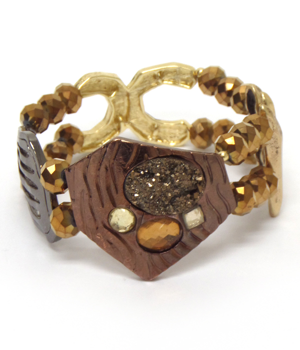 Druzy on natural shape metal linked stretch bracelet 