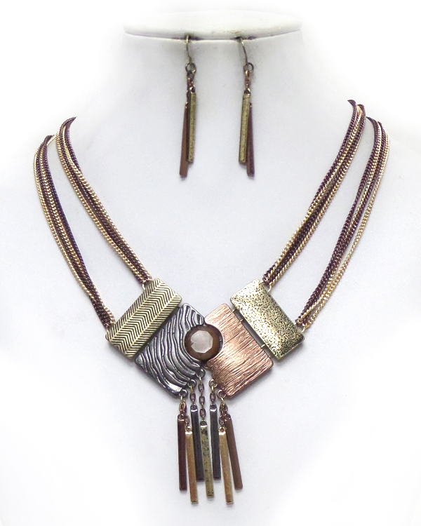 Two layer multiple chain with metal drop necklace set