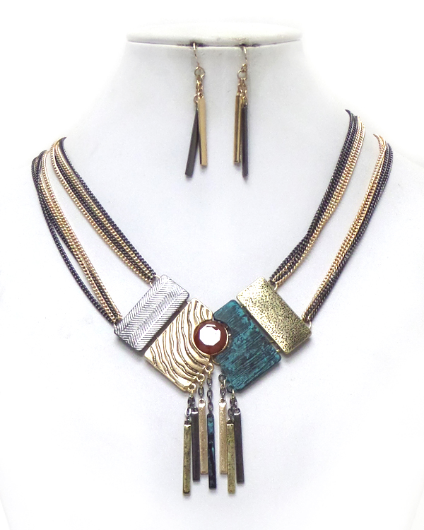 Two layer multiple chain with metal drop necklace set 