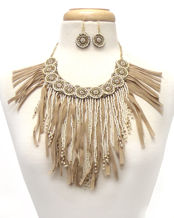 Bohemian style suede and beads tassel  drop necklace set