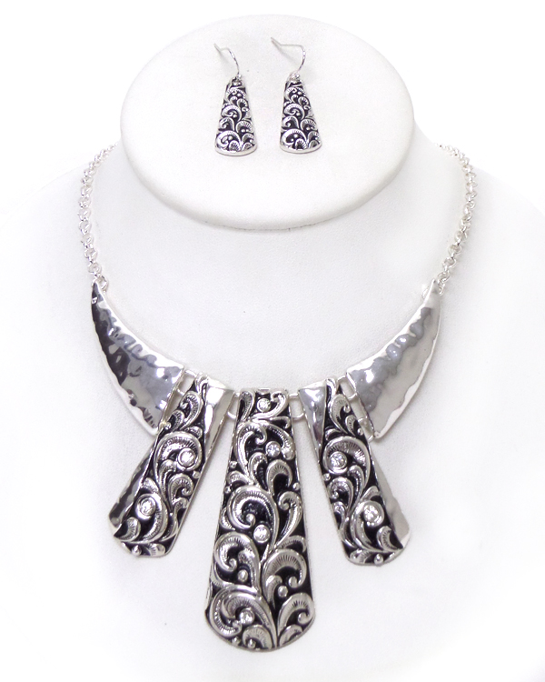 Tribal style metal engraved drop necklace set