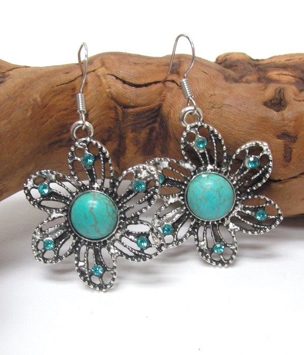 Vintage tibetan silver and turquoise flower earrings  