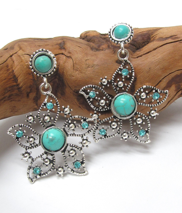Vintage tibetan silver and turquoise flower earrings  