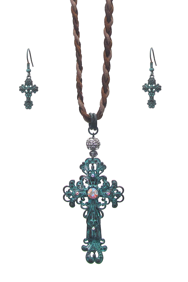 Western style cross toggle braided suede necklace set