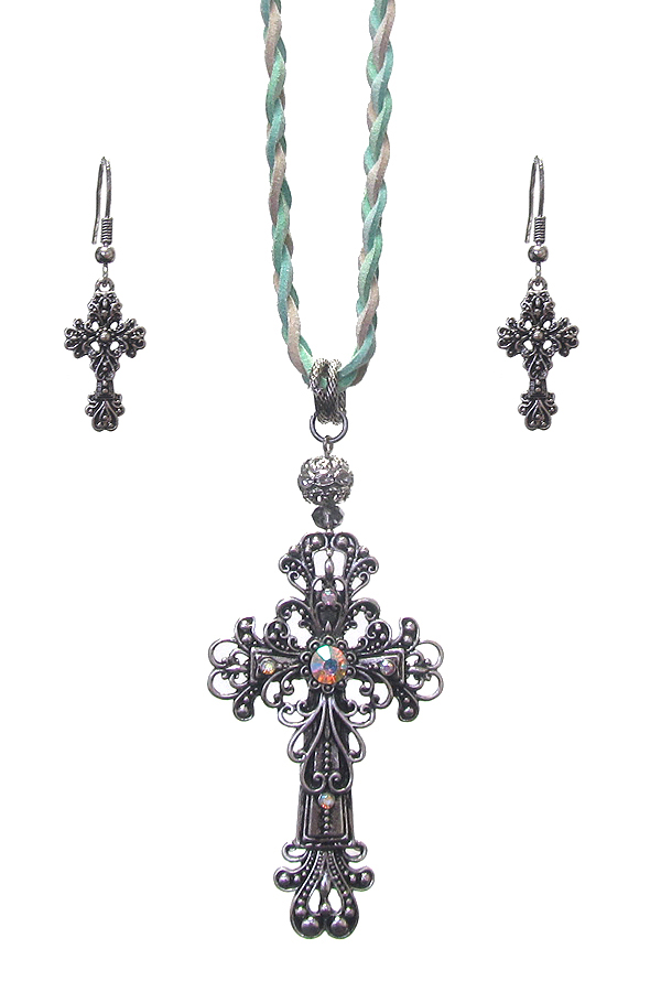 Western style cross toggle braided suede necklace set