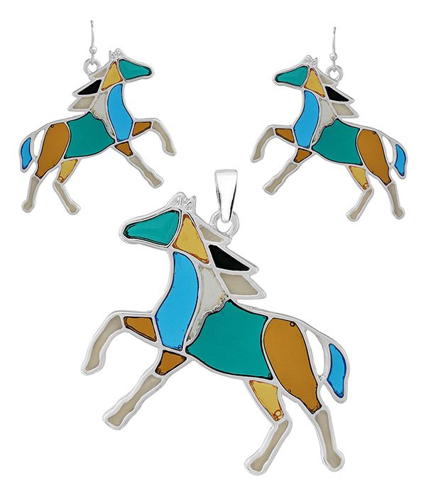 STAINED GLASS WINDOW INSPIRED MOSAIC PENDANT AND EARRING SET - HORSE