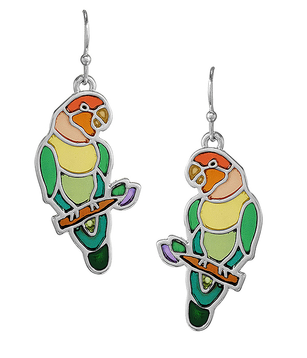 PET LOVERS THEME STAINED GLASS WINDOW INSPIRED MOSAIC EARRING - PARROT