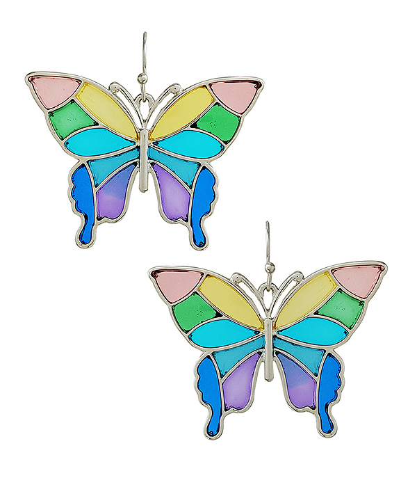 GARDEN THEME STAINED GLASS WINDOW INSPIRED MOSAIC EARRING - BUTTERFLY